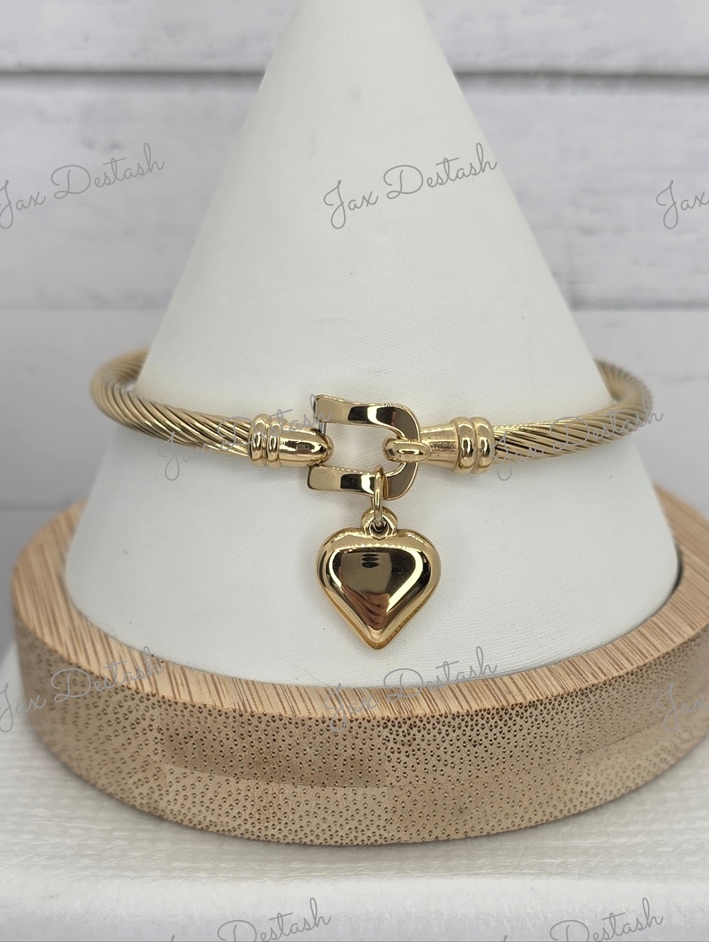 Gold Tone Heart Charm Cable Bangle Bracelet BR106